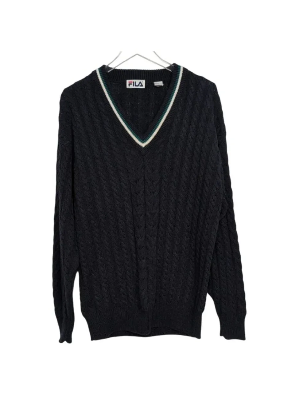Vintage Fila Tennis Sweater Mens Size Large Blue Cable Knit V Neck Preppy Cotton